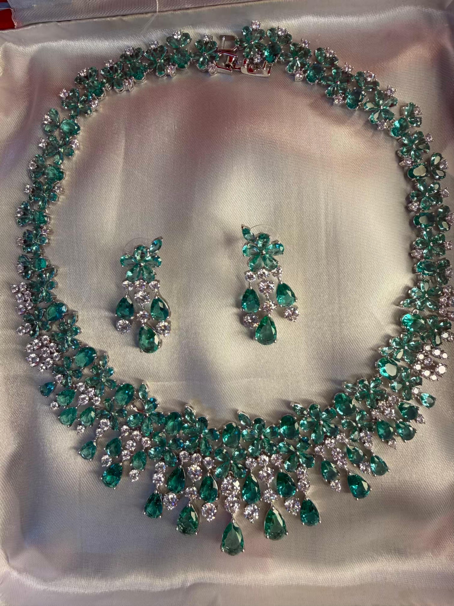 Turquoise Princess Cocktail Party Necklace Set with Earrings - Rhodium Silver Plated