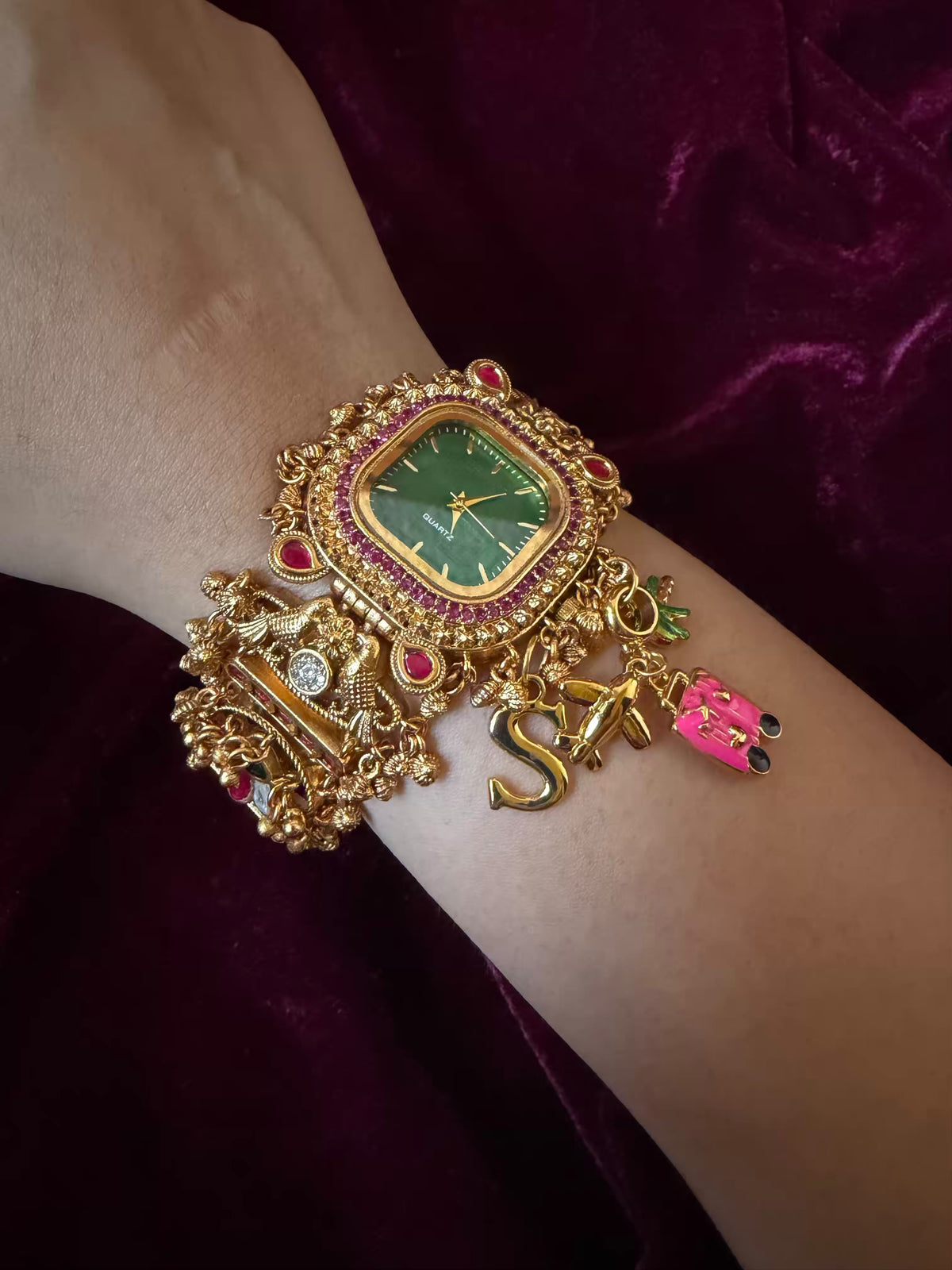Emerald Royale Pineapple Charm Dial Maharani Watch Bracelet – Gold & Ruby Pink