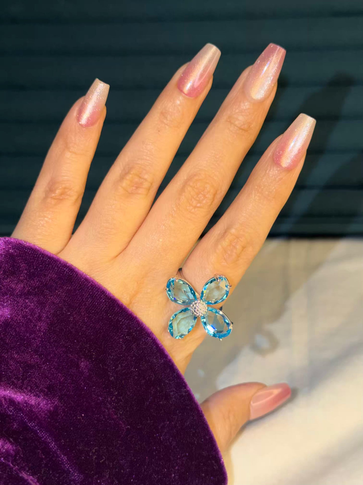 Light Blue Floral Silver Plated Premium Ring (Adjustable)