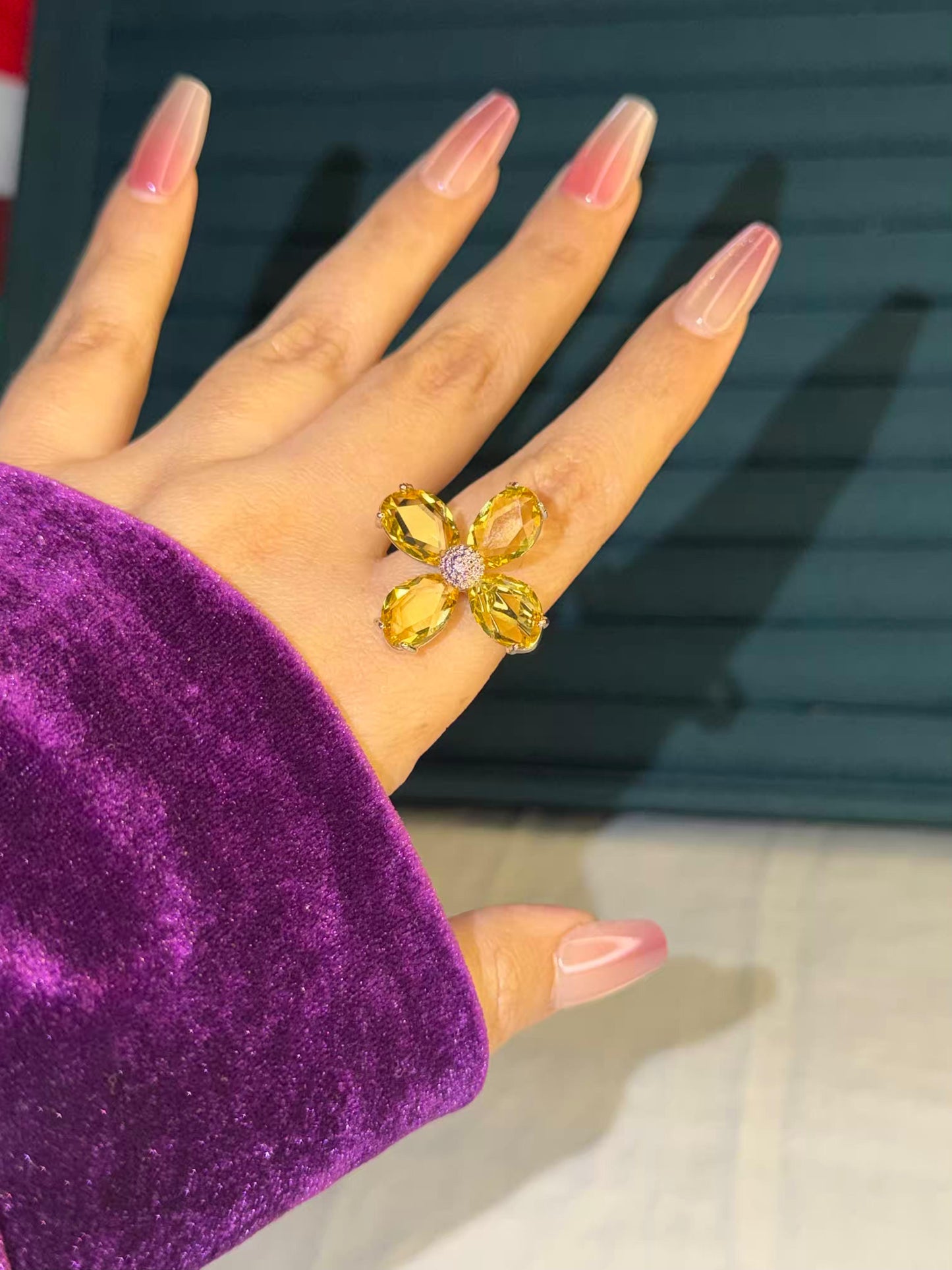 Yellow Flower Silver Plated Premium Ring (Adjustable)