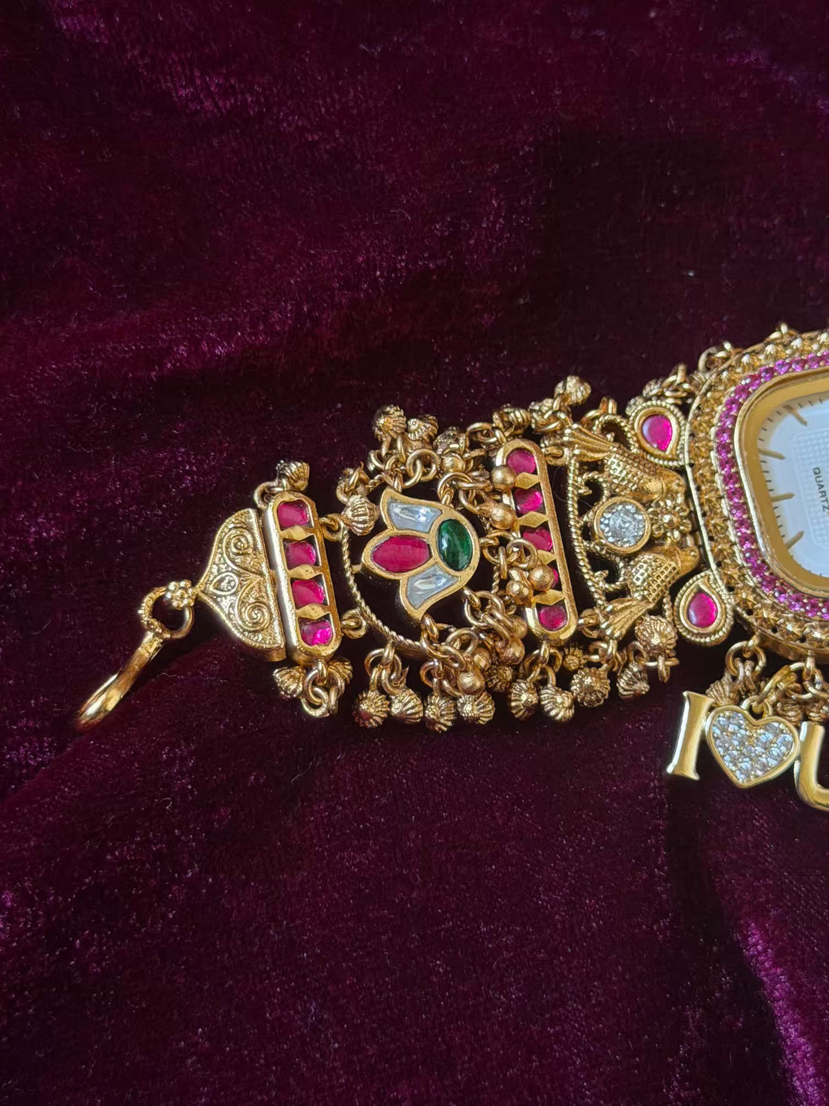 I  Love You Maharani Square Dial Heritage Watch Bracelet in Premium Swarovski – Gold & Ruby Pink