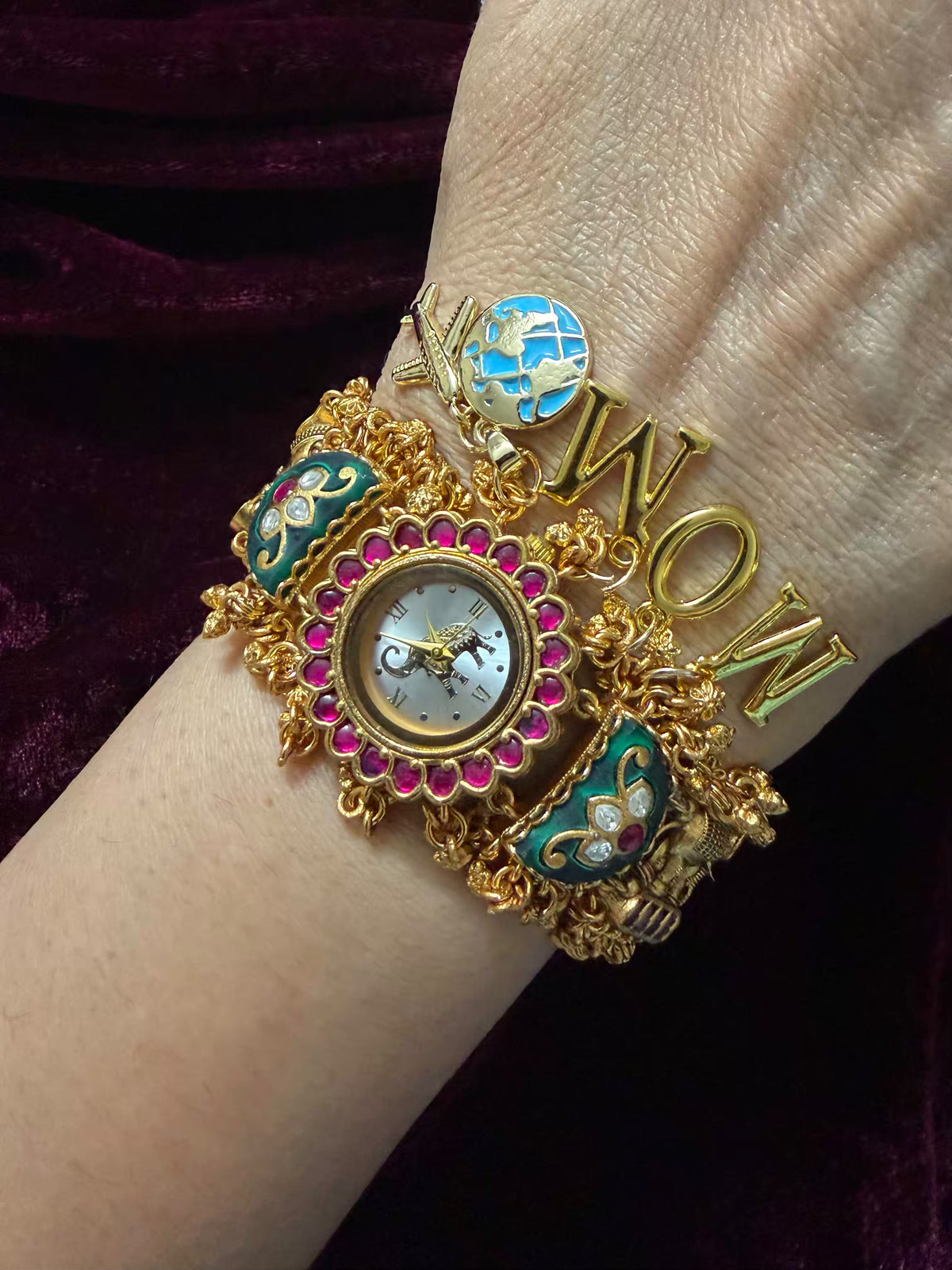 I Love You Mom White Dial Pink Stone Elephant Charm Emerald Green Heritage Maharani Watch Bracelet