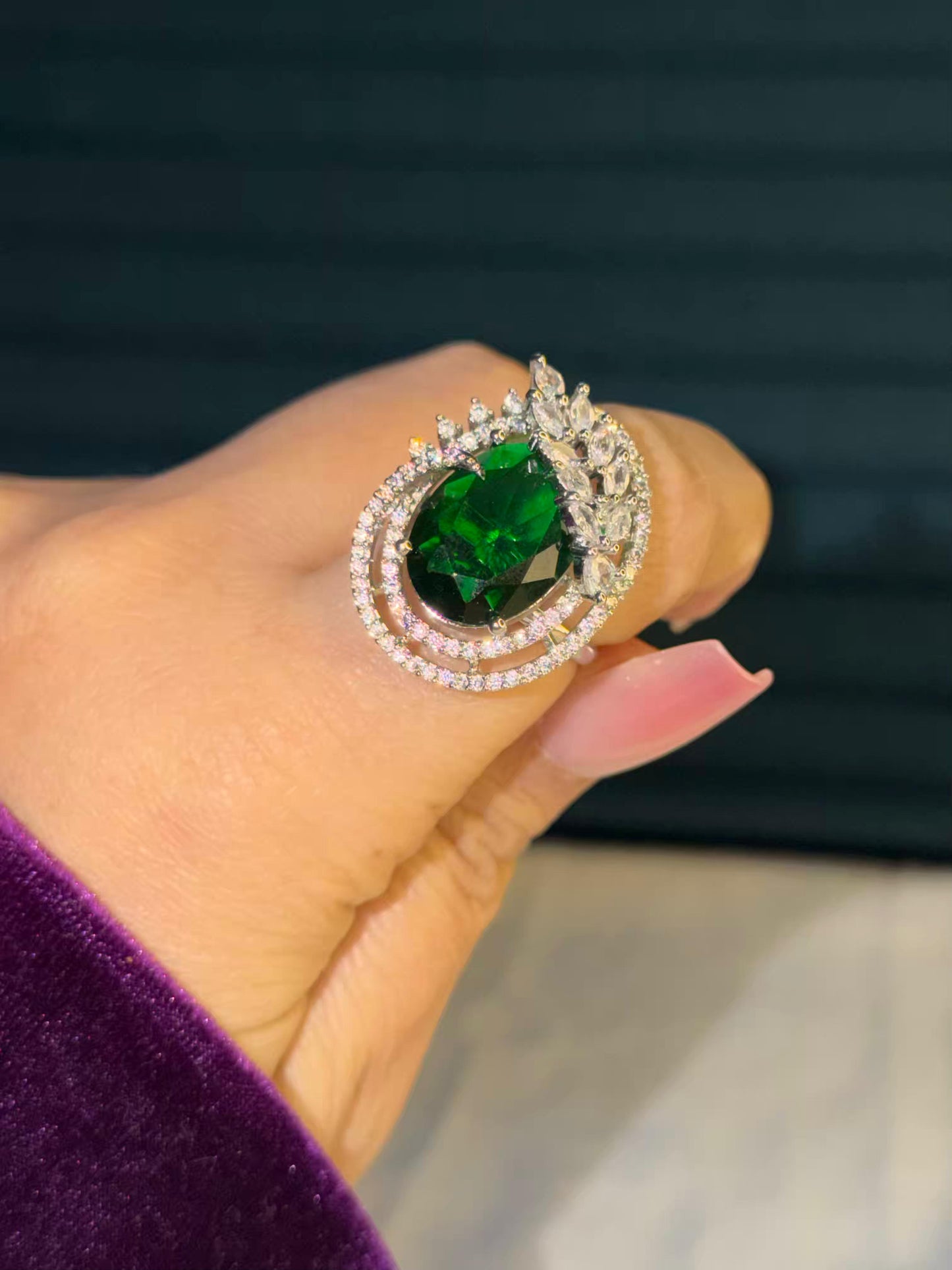 Emerald Orbit Royale Silver Plated Premium Ring (Adjustable)
