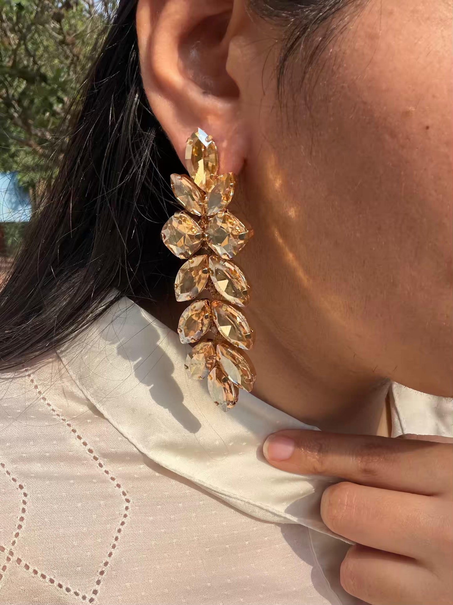 Golden Waterdrop Shaped Stones Long Gold Plated Earrings