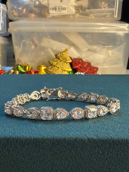 White Halo Shaped Silver Plated Tennis Bracelet