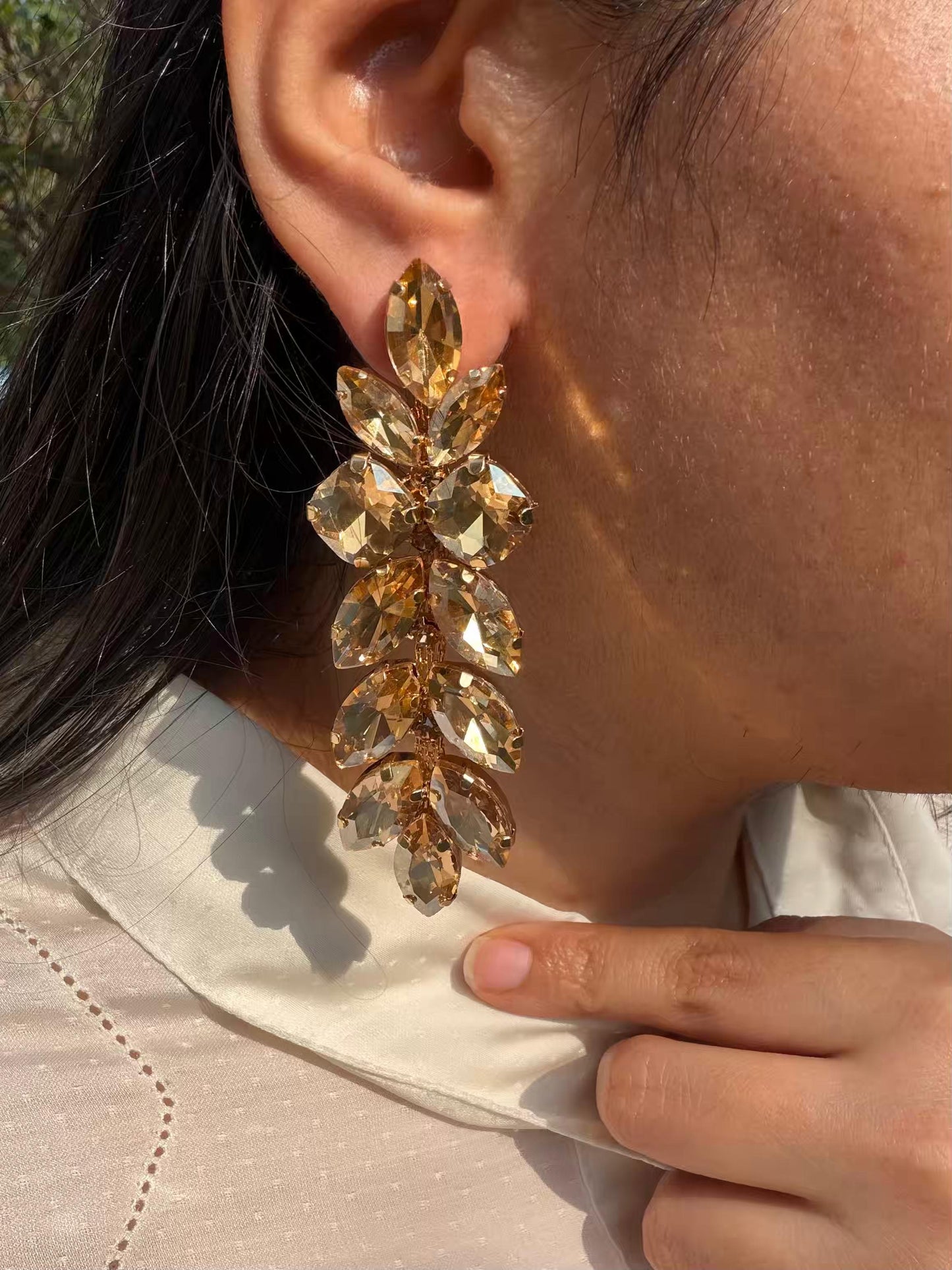 Golden Waterdrop Shaped Stones Long Gold Plated Earrings