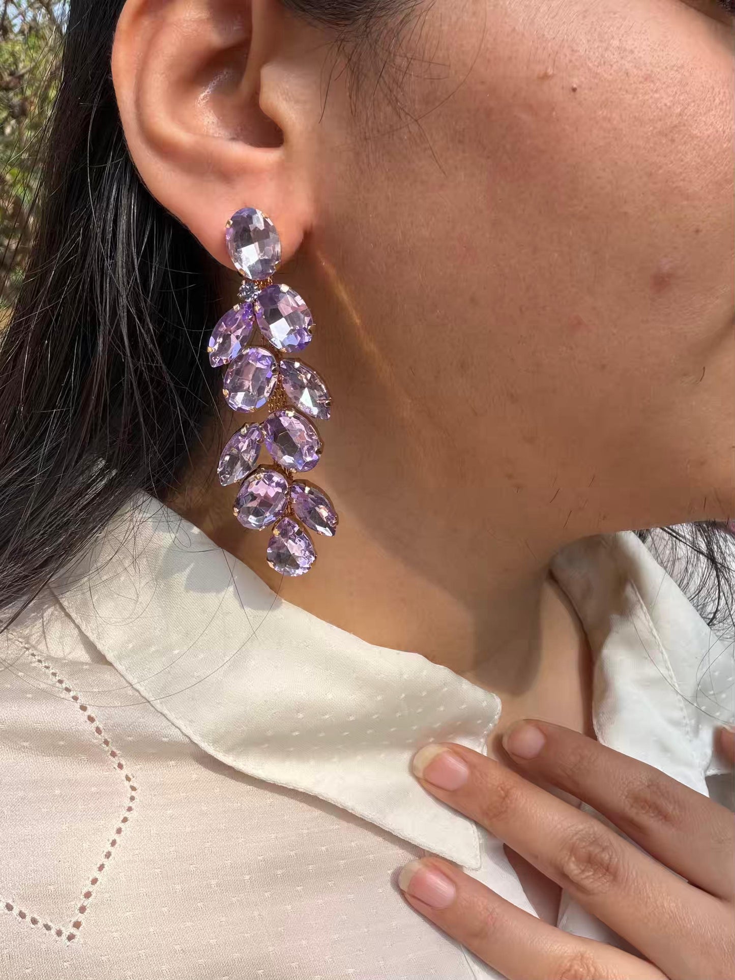 Purple Waterdrop Shaped Stones Long Gold Plated Earrings