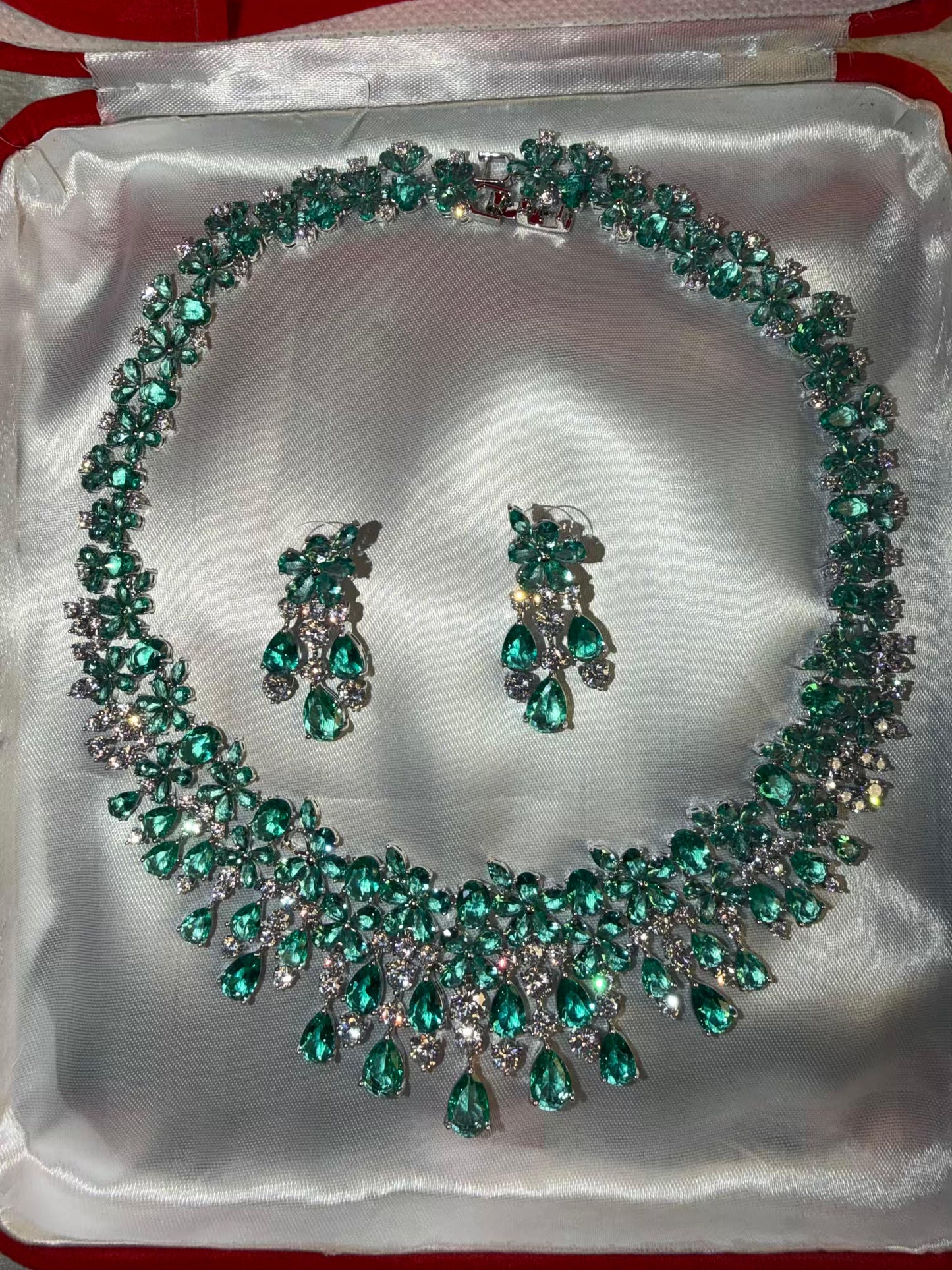 Turquoise Princess Cocktail Party Necklace Set with Earrings - Rhodium Silver Plated