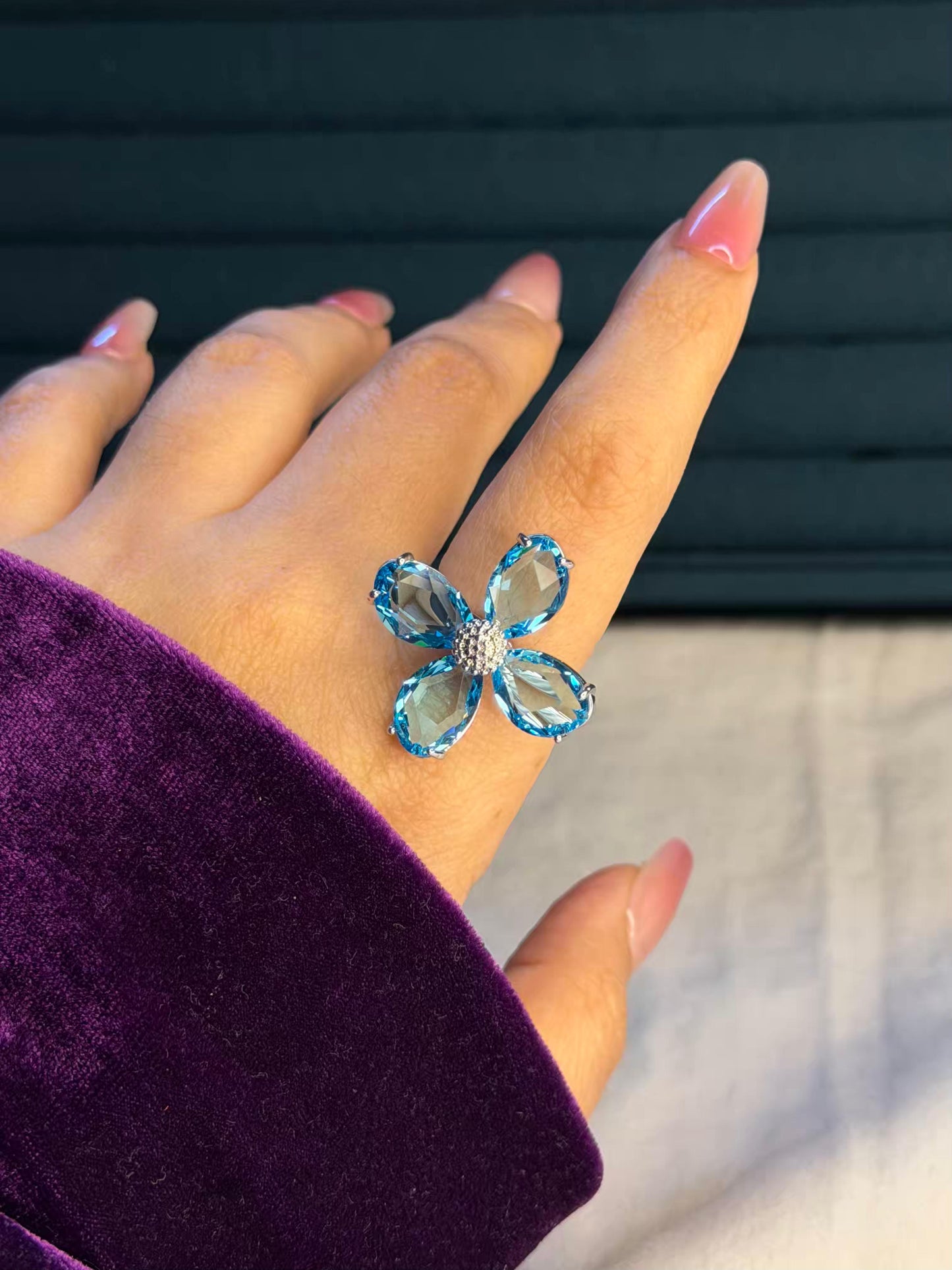 Light Blue Floral Silver Plated Premium Ring (Adjustable)