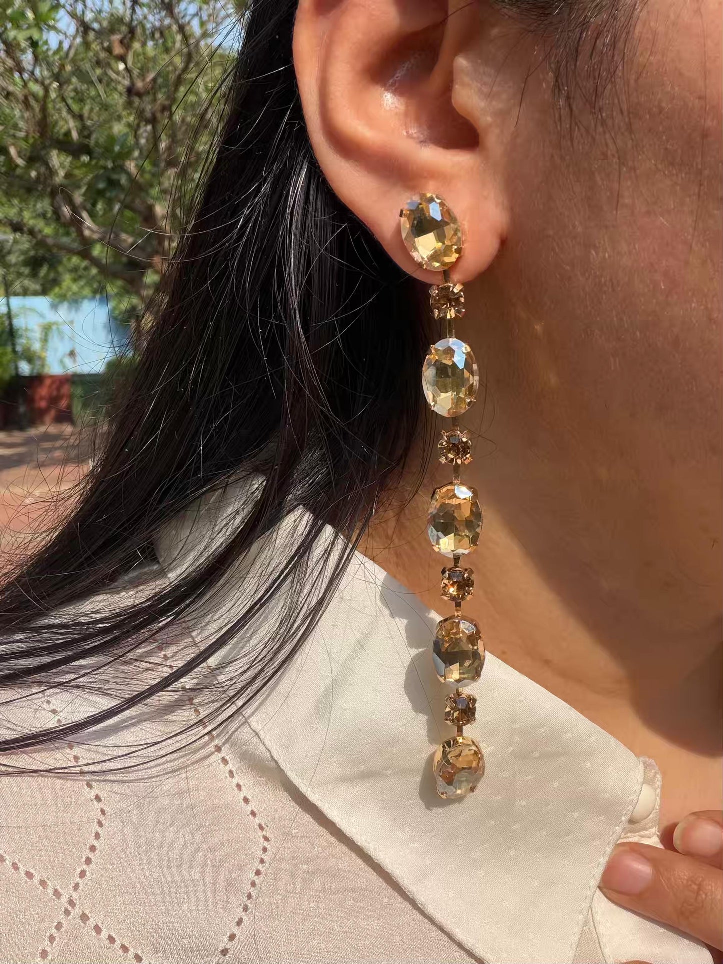 Golden Colour Stones Long Gold Plated Earrings
