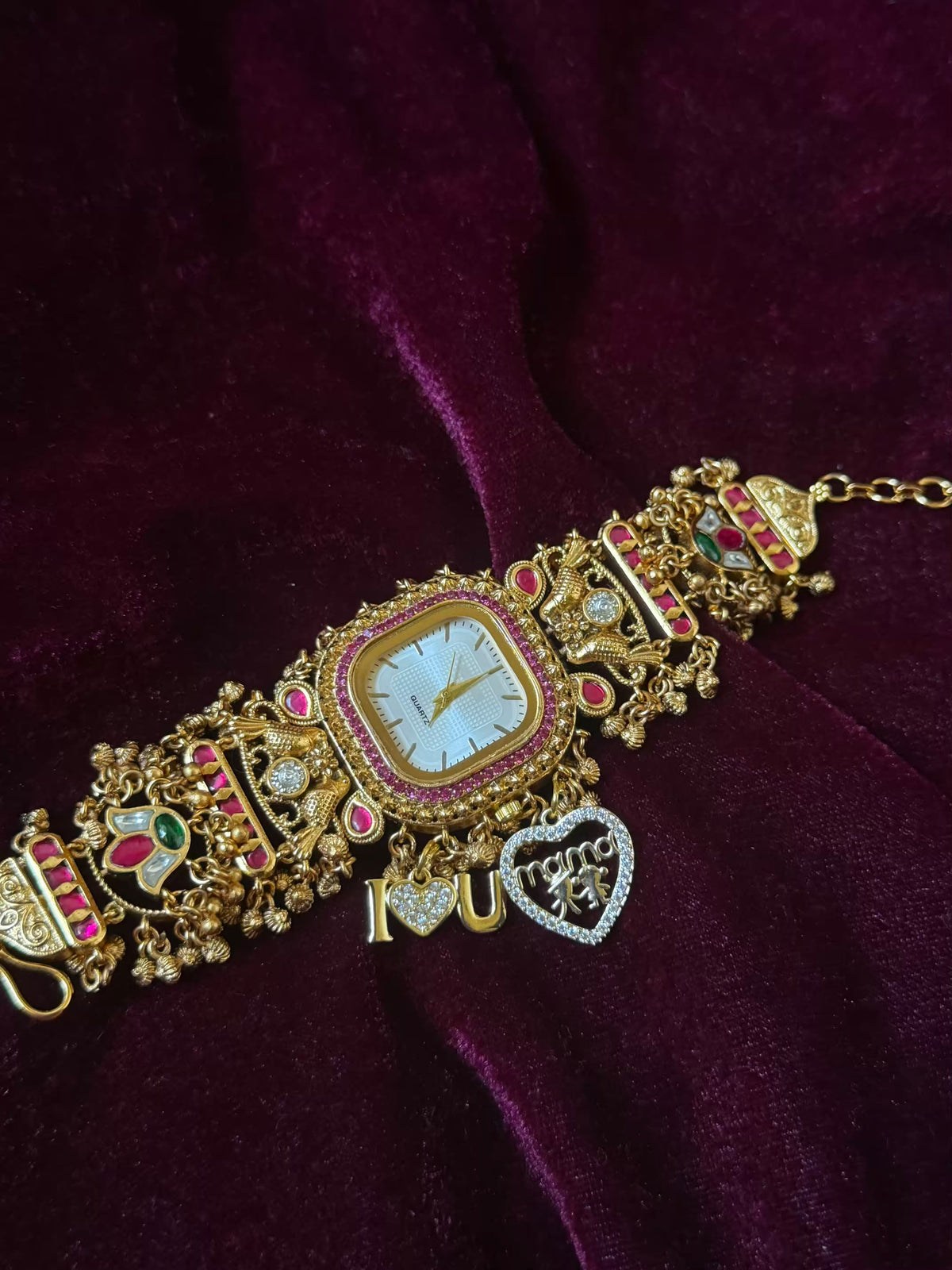 I  Love You Maharani Square Dial Heritage Watch Bracelet in Premium Swarovski – Gold & Ruby Pink