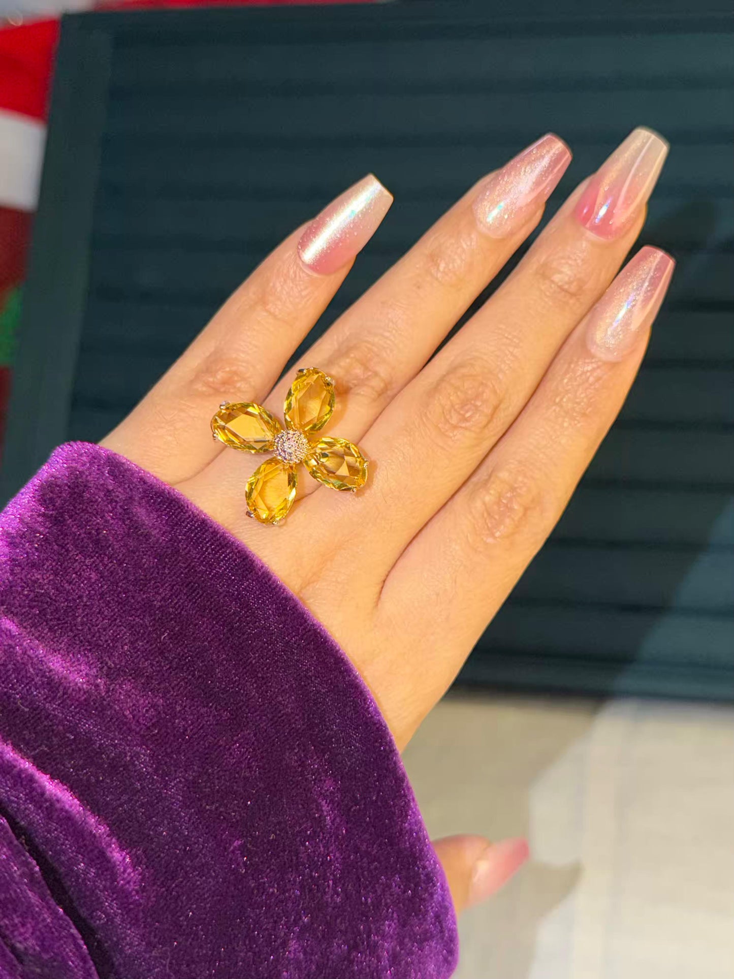 Yellow Flower Silver Plated Premium Ring (Adjustable)