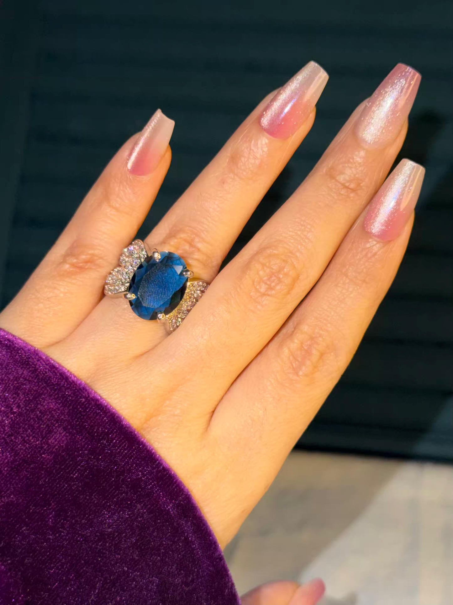 Royal Blue Oval Big Silver Plated Size 7 Us Ring