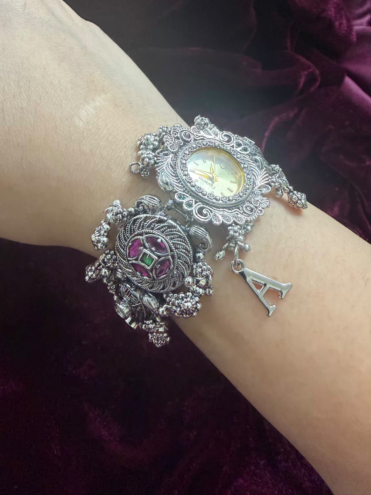 Maharani Inspired Ethnic Silver-Tone Navratri Oxidised Heritage Watch