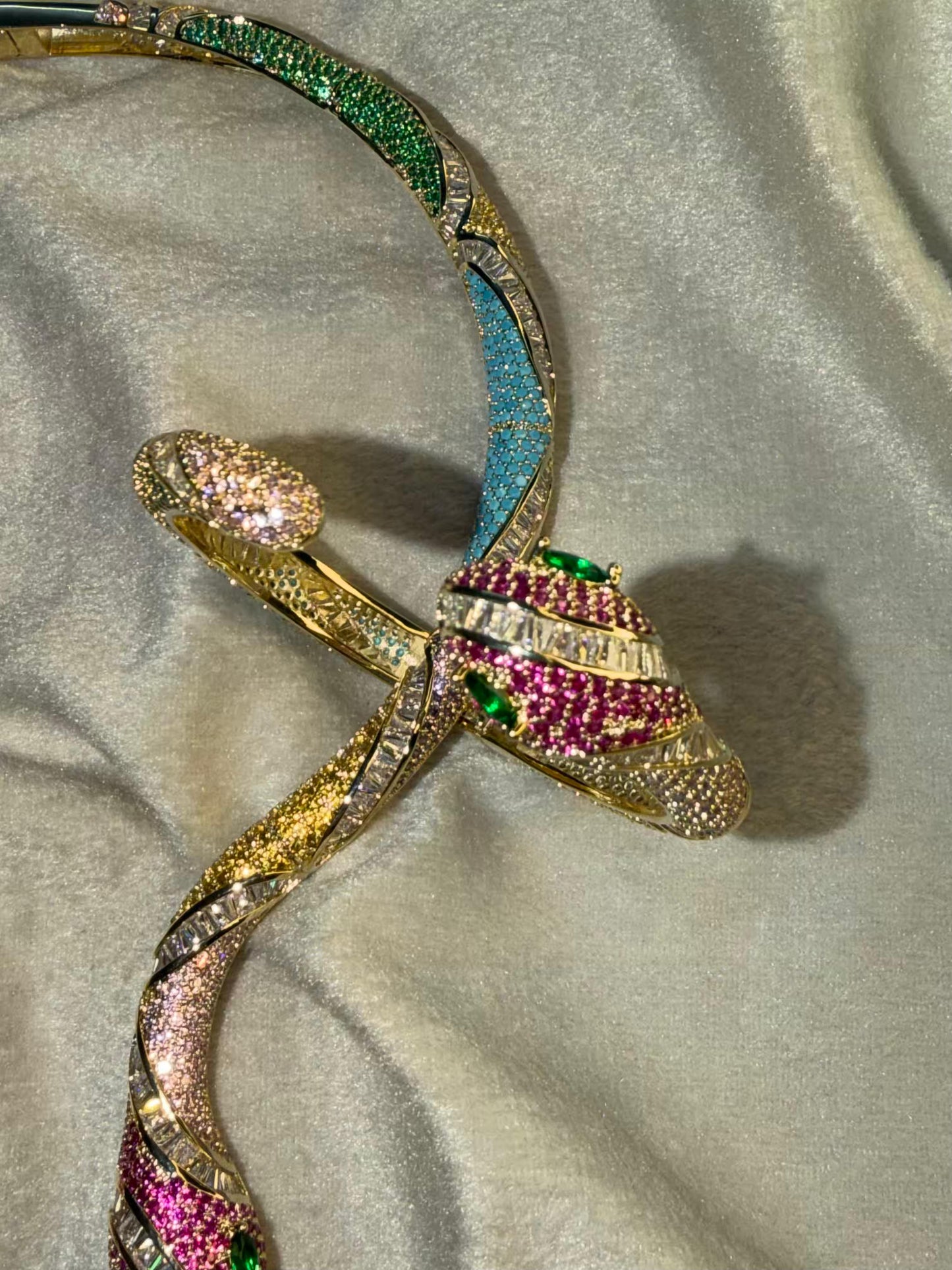 Serpentine Multicoloured Necklace, Bracelet, Earrings and Ring Full set Premium Gold Rhodium