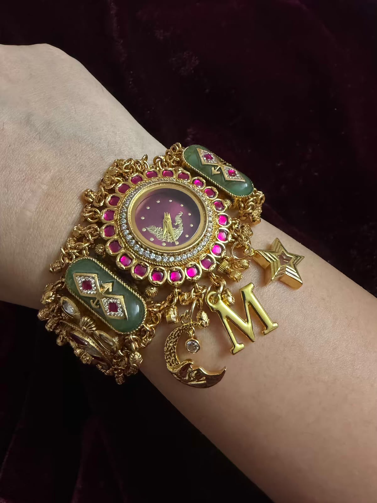 Moon Stars Peacock Dial Luxury Watch Rakhi with Charms (Free Initial)