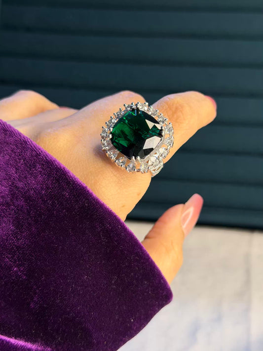 Emerald Green Square Diamond Silver Plated Premium Ring (Adjustable)