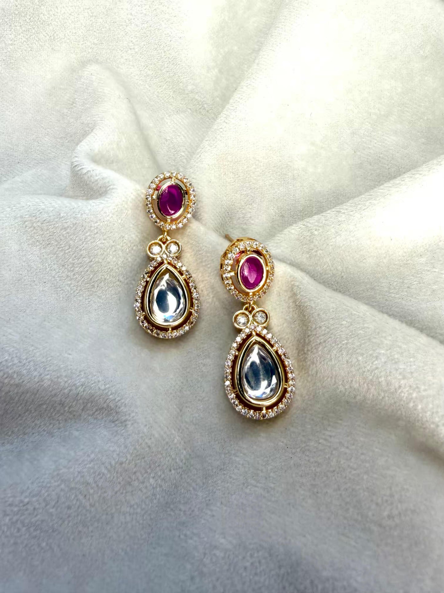 Ruby Pink Kundan Drop Gold Plated Earrings