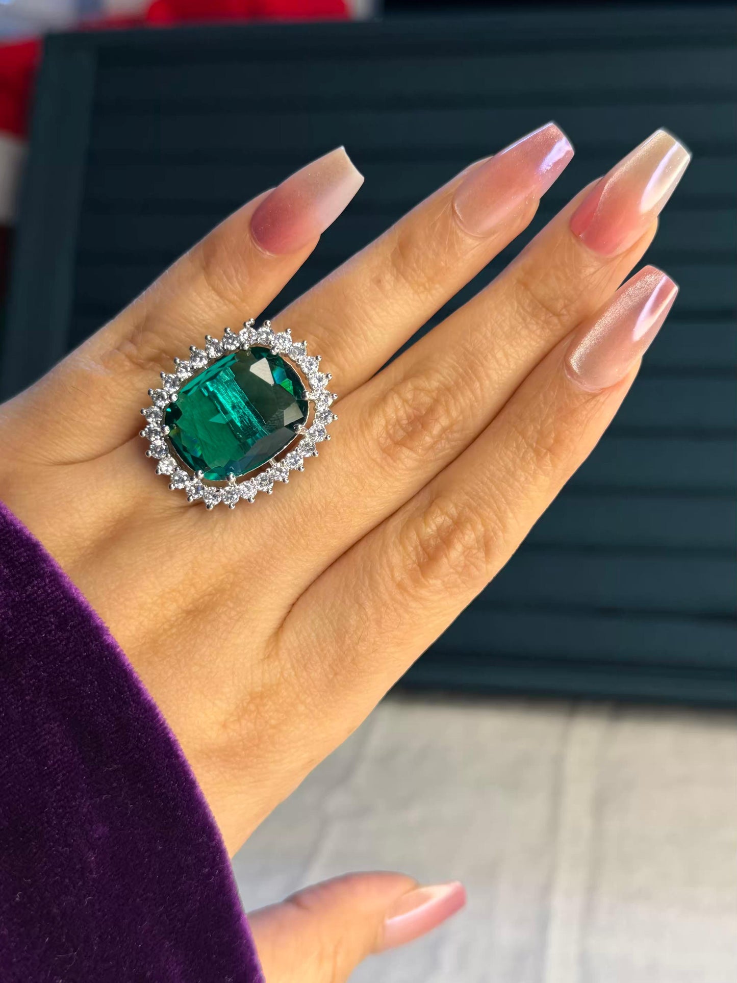 Emerald Green Big Stone Statement Silver Plated Premium Ring (Adjustable)