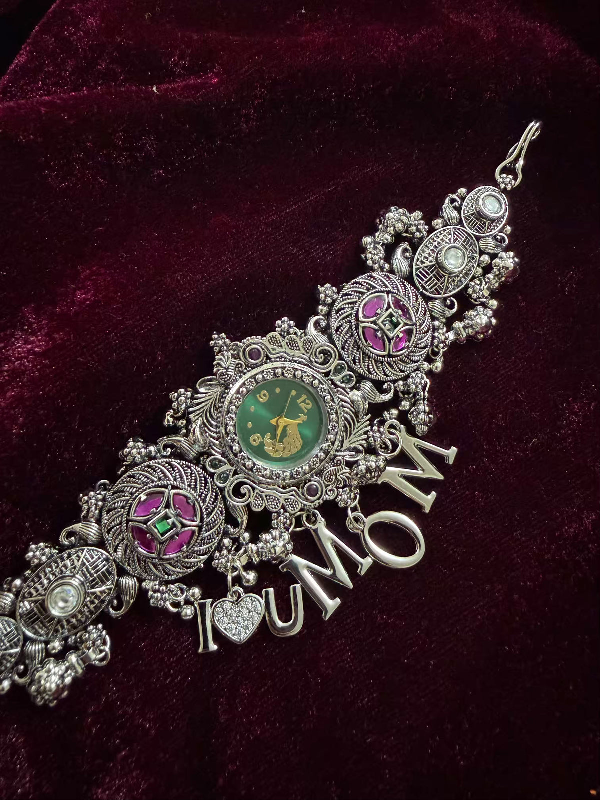 I Love You Mom Emerald Greqen Round Dial Silver Oxidised Peacock Charm Maharani Watch Bracelet