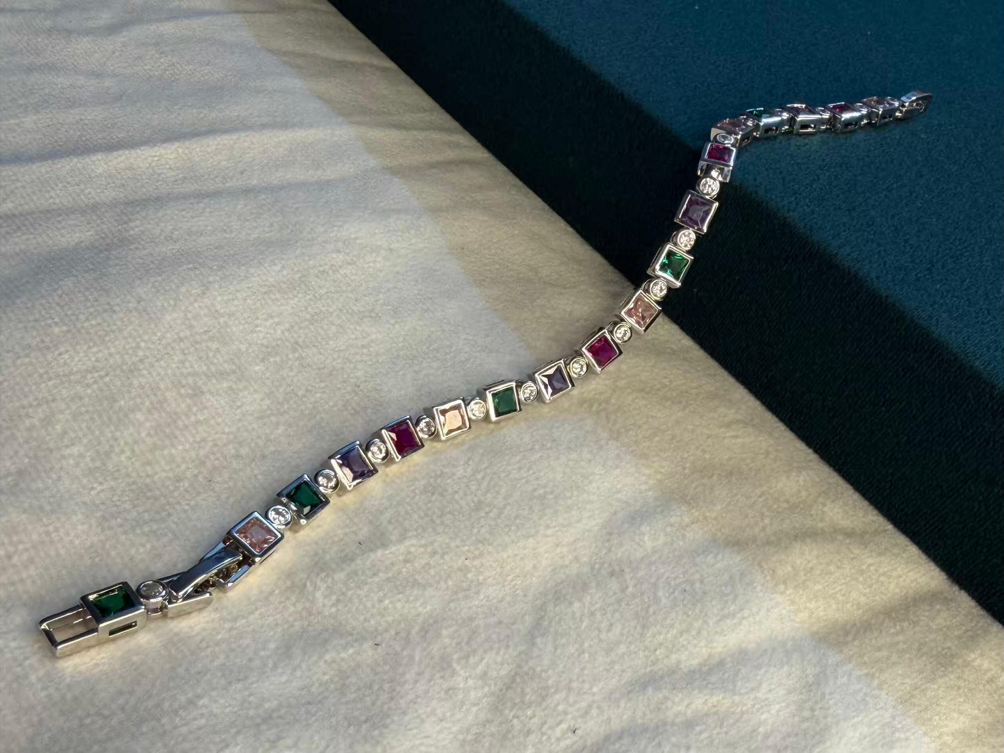 Multicolour Cushion Halo Silver Plated Tennis Bracelet