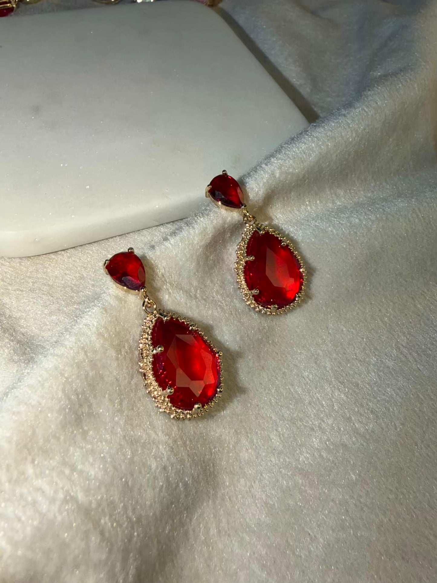Red Drop Stud Gold Plated Earrings