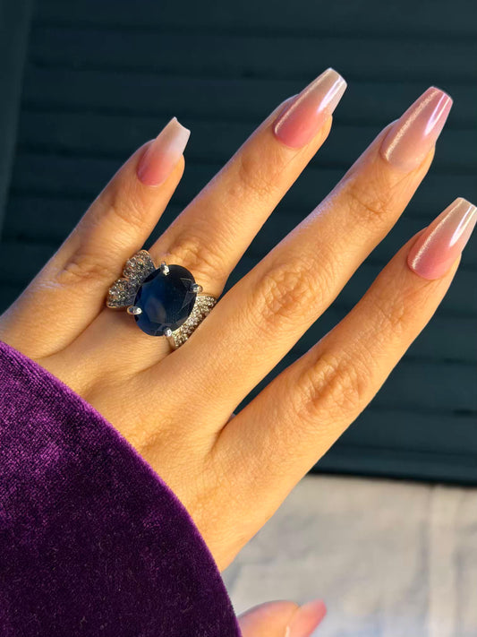 Royal Blue Oval Big Silver Plated Size 7 Us Ring