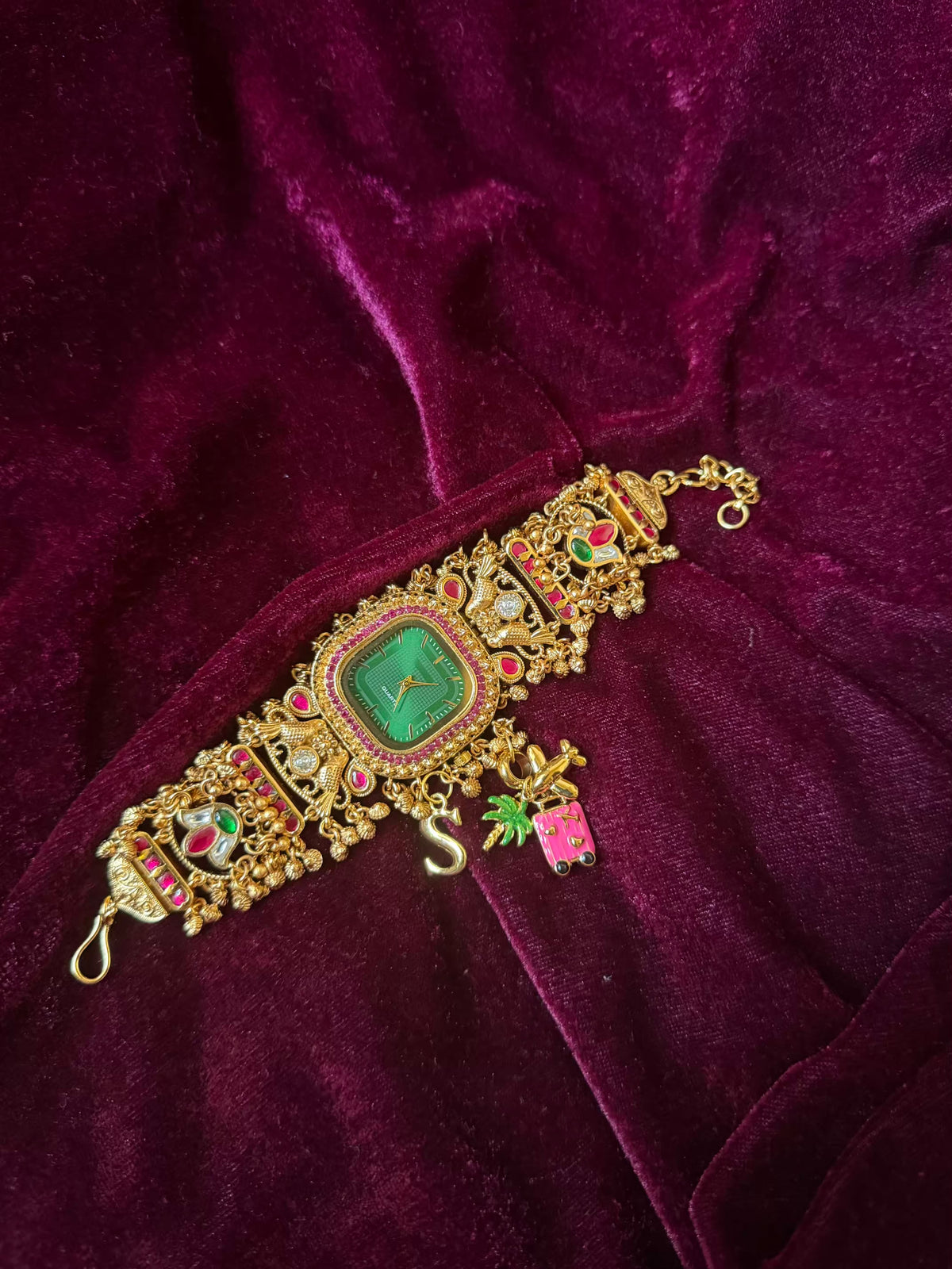 Emerald Royale Pineapple Charm Dial Maharani Watch Bracelet – Gold & Ruby Pink