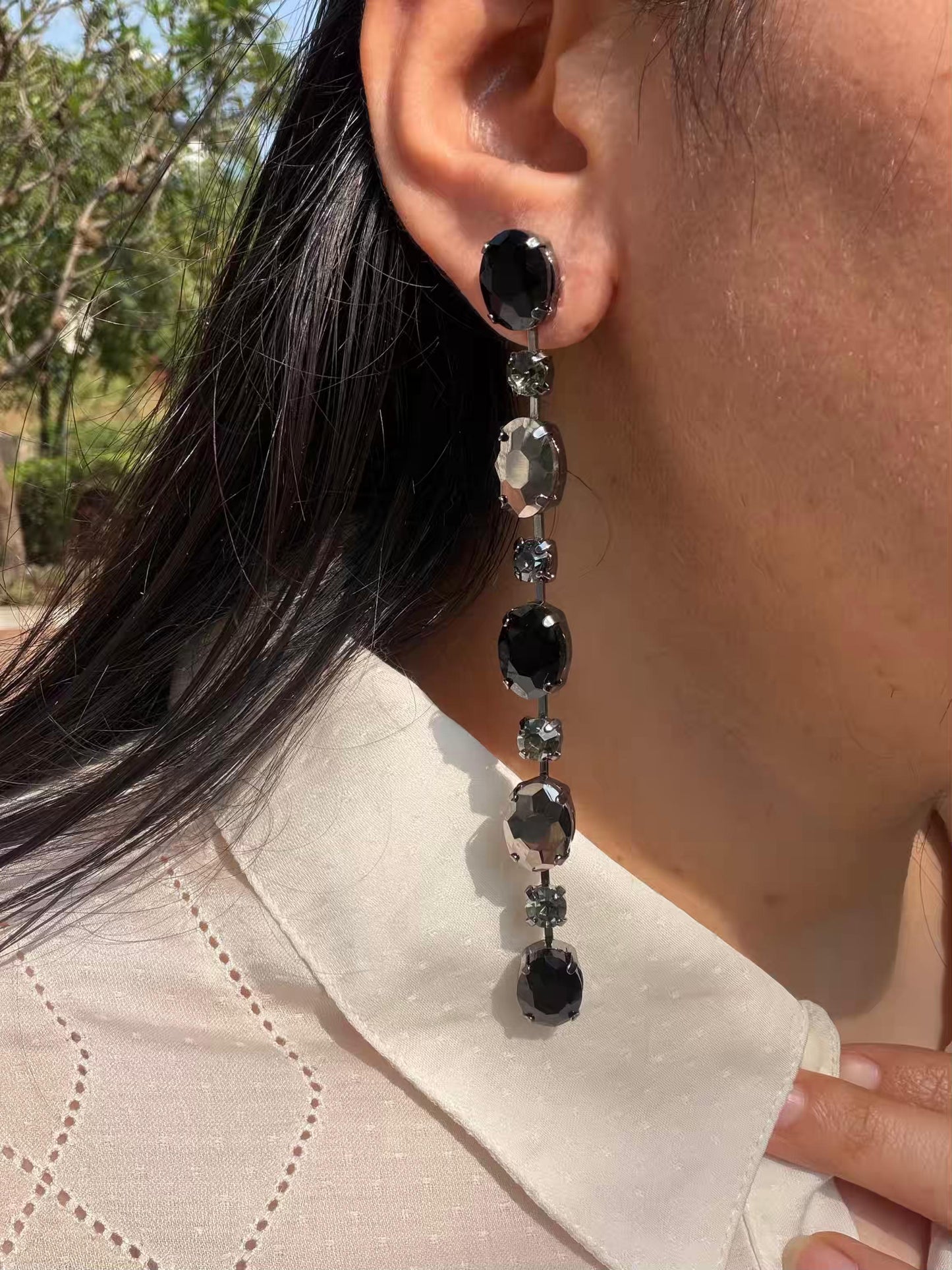 Black And Silver Stone Gold Plated Earrings