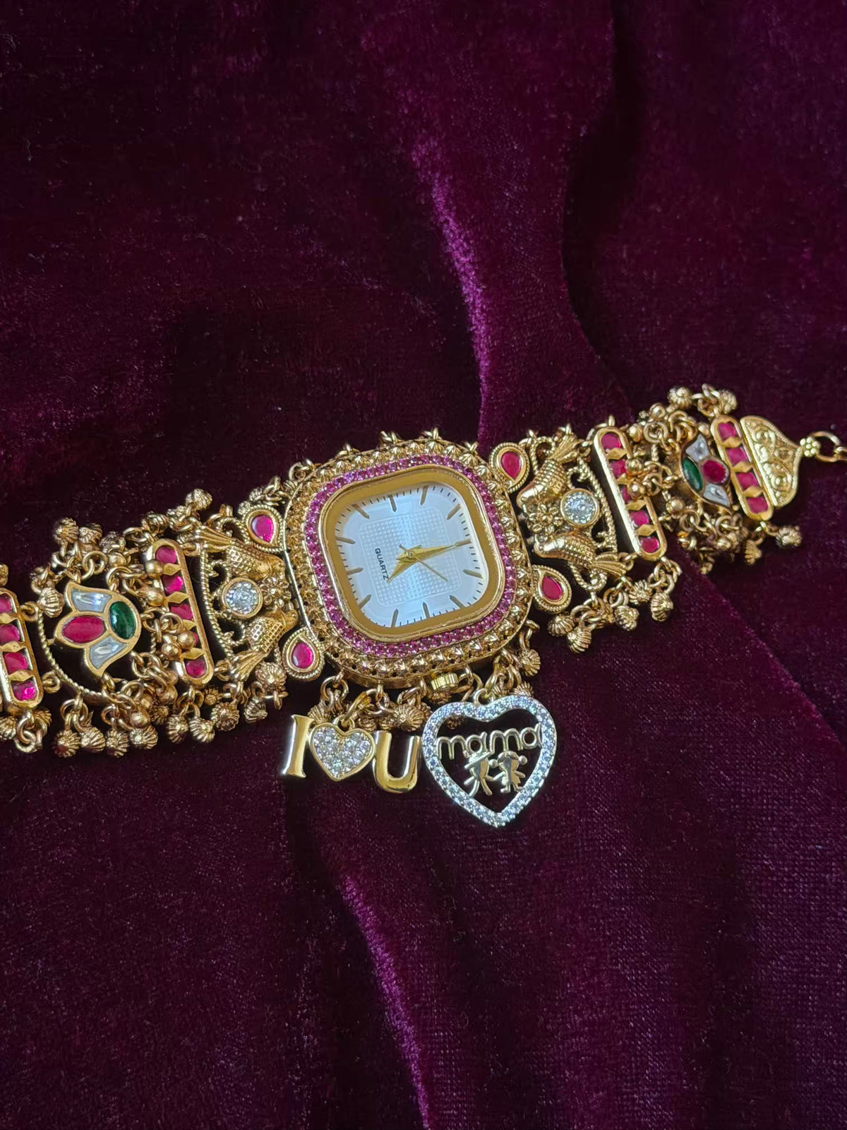 I  Love You Maharani Square Dial Heritage Watch Bracelet in Premium Swarovski – Gold & Ruby Pink