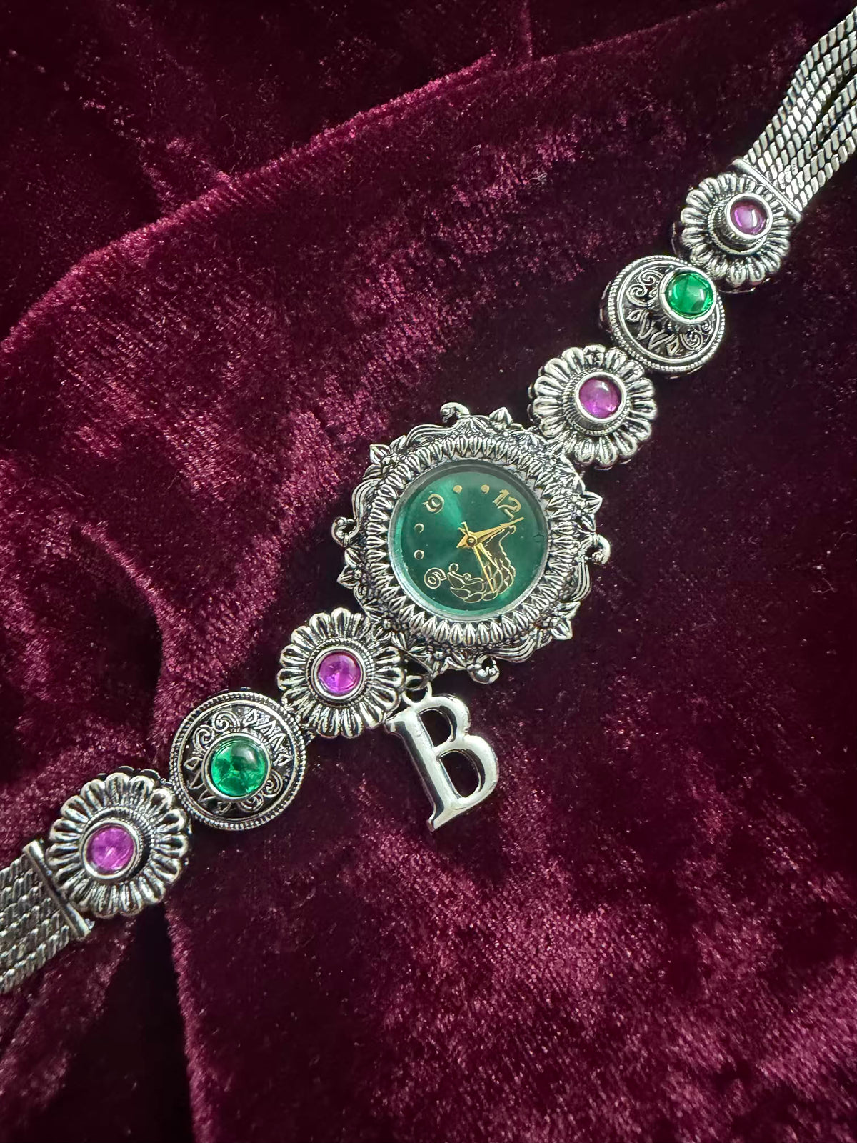 Maharani Green & Pink Elegance Silver-Tone Navratri Oxidised Heritage Watch