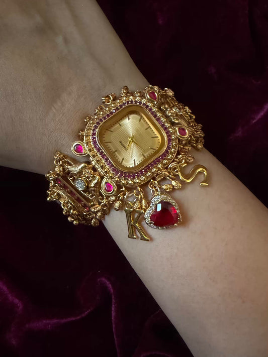 Ruby Heart Charm Golden Square Dial Maharani Watch Bracelet