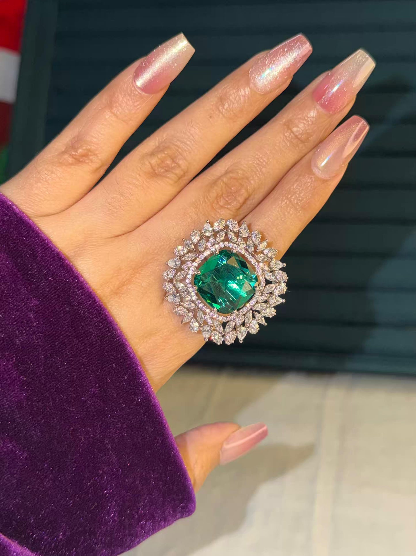 Green Square Diamond Edge Statement Silver Plated Premium Ring (Adjustable)