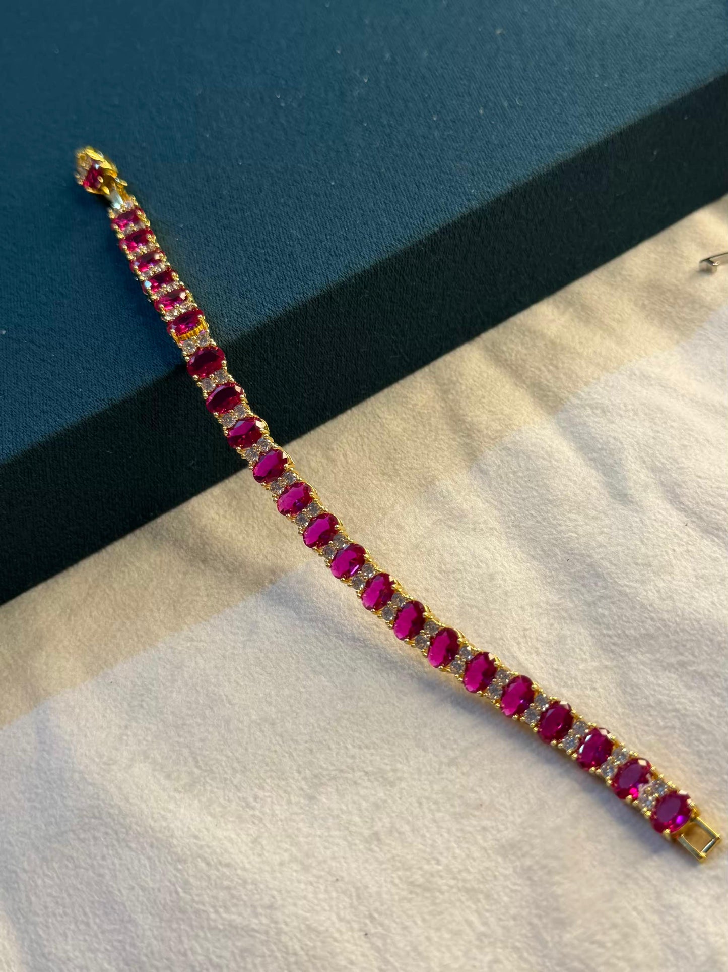 Ruby Pink Oval Gold Plated Tennis Bracelet