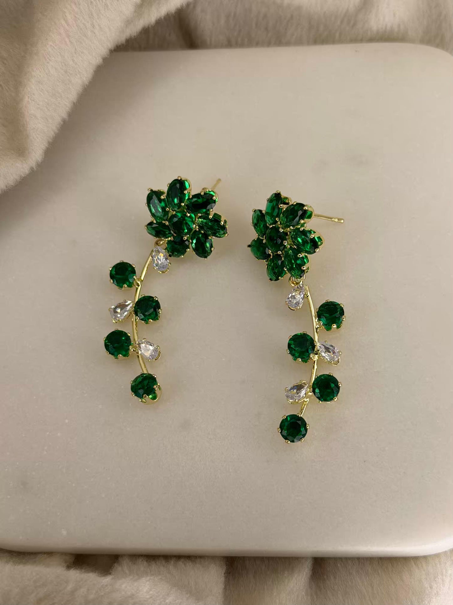 Green Flower Shaped Gold Plated Earrings