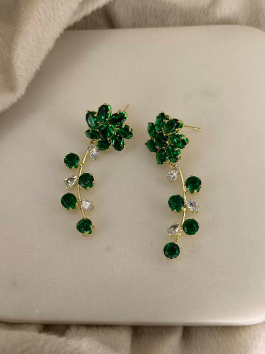Green Flower Shaped Gold Plated Earrings