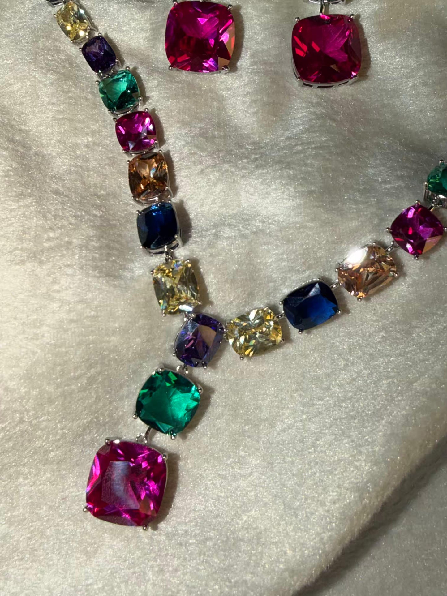 Multicoloured Rhodium Silver Ruby Green Amethyst Necklace Set with Dangling Earrings