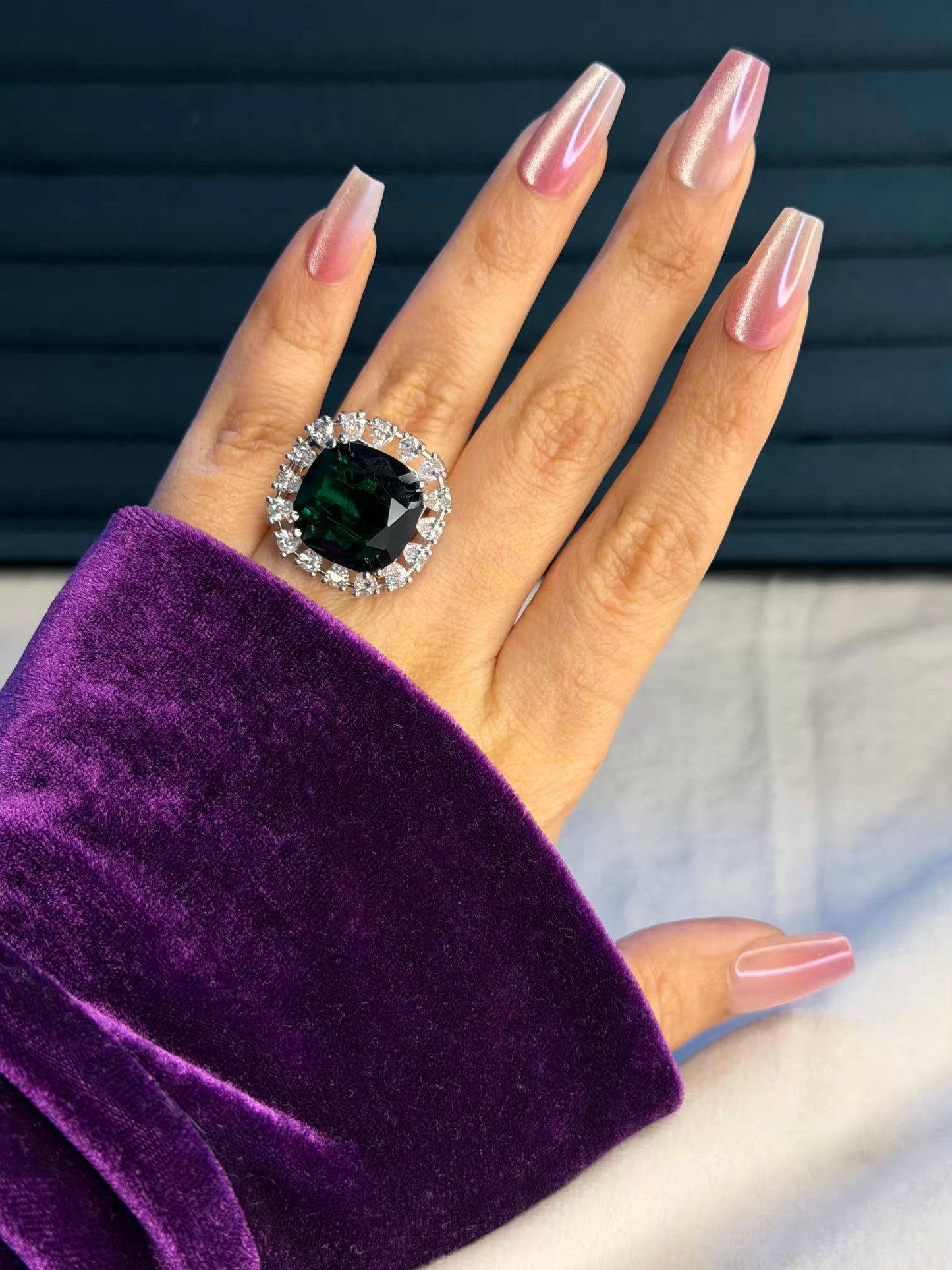 Emerald Green Square Diamond Silver Plated Premium Ring (Adjustable)