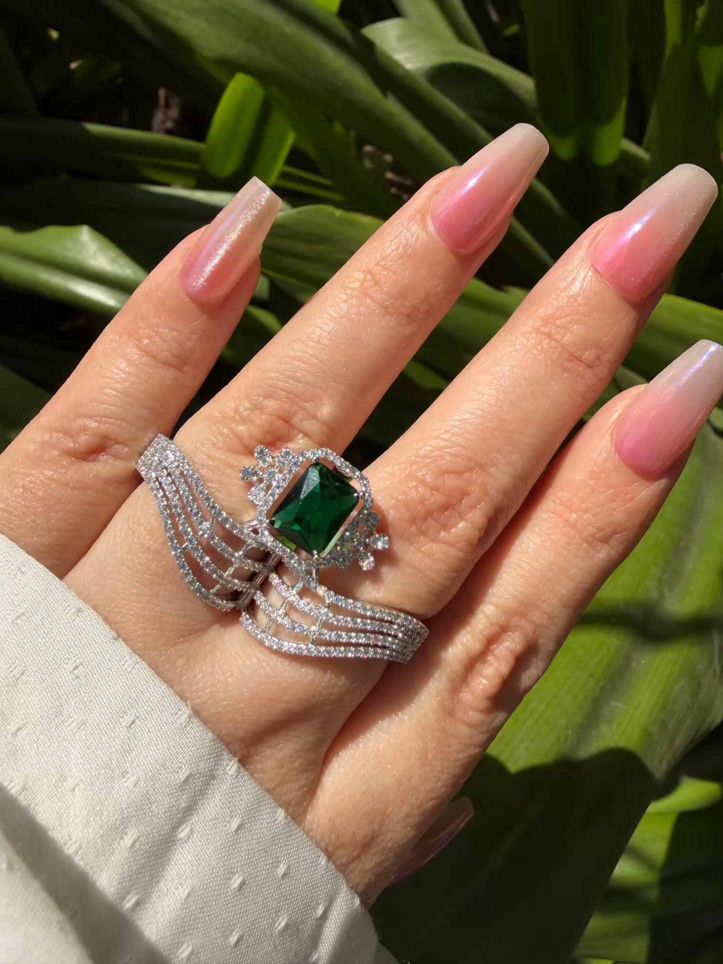 Cocktail Green Stone Silver Plated Rings