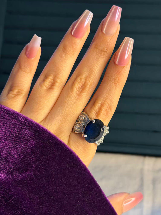 Royal Blue Oval Big Silver Plated Size 7 Us Ring