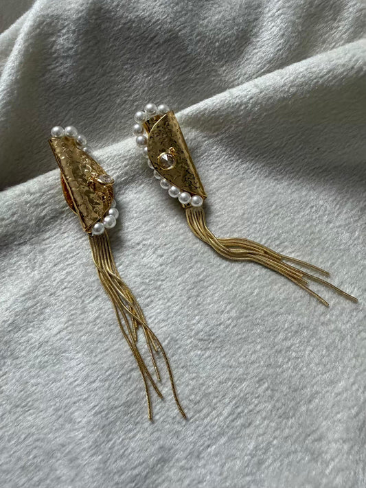 Gold Pearl Tassel Statement Gold Plated Earrings