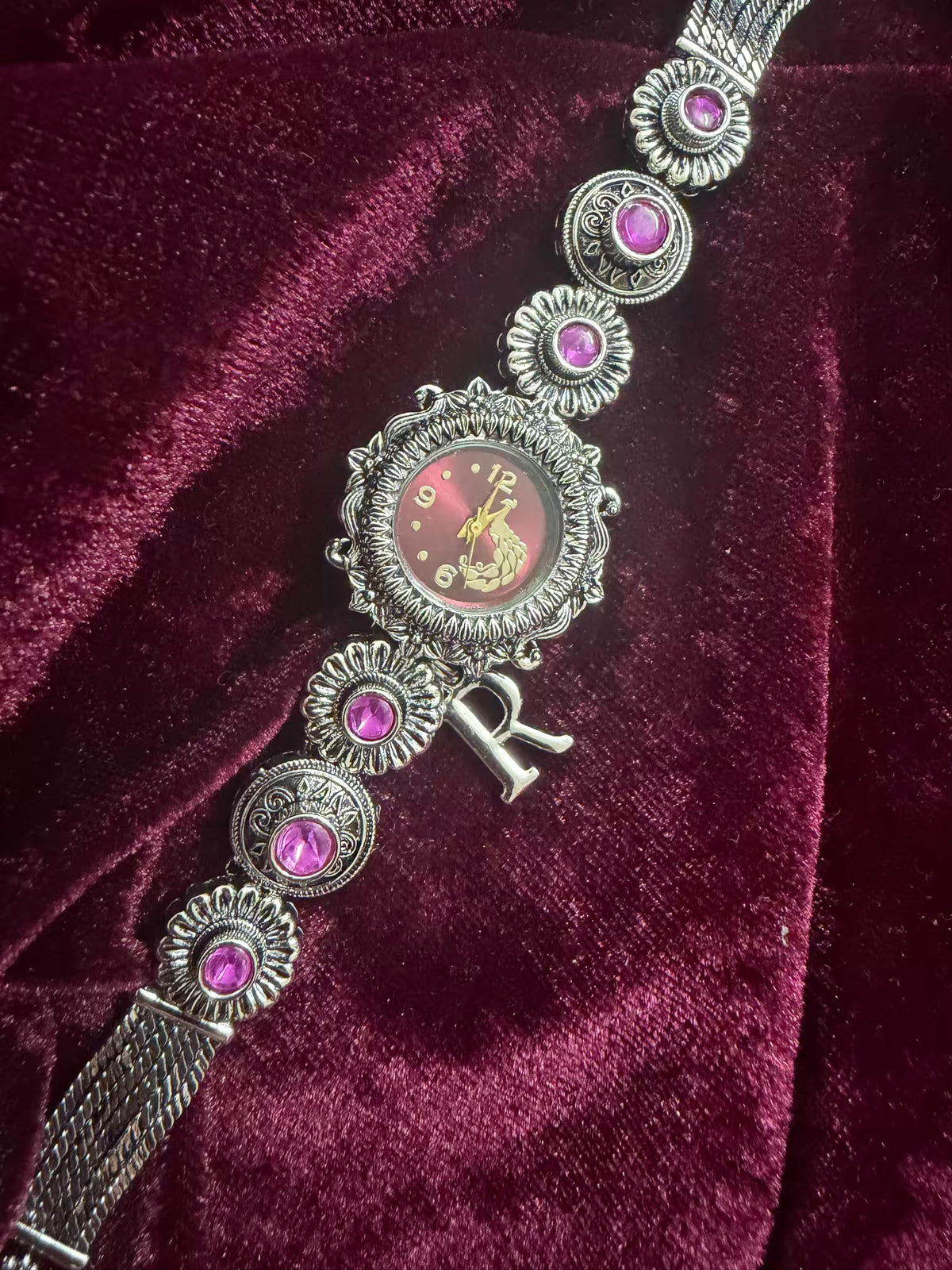 Royal Gulab Inspired Silver-Tone Navratri Oxidised Heritage Watch