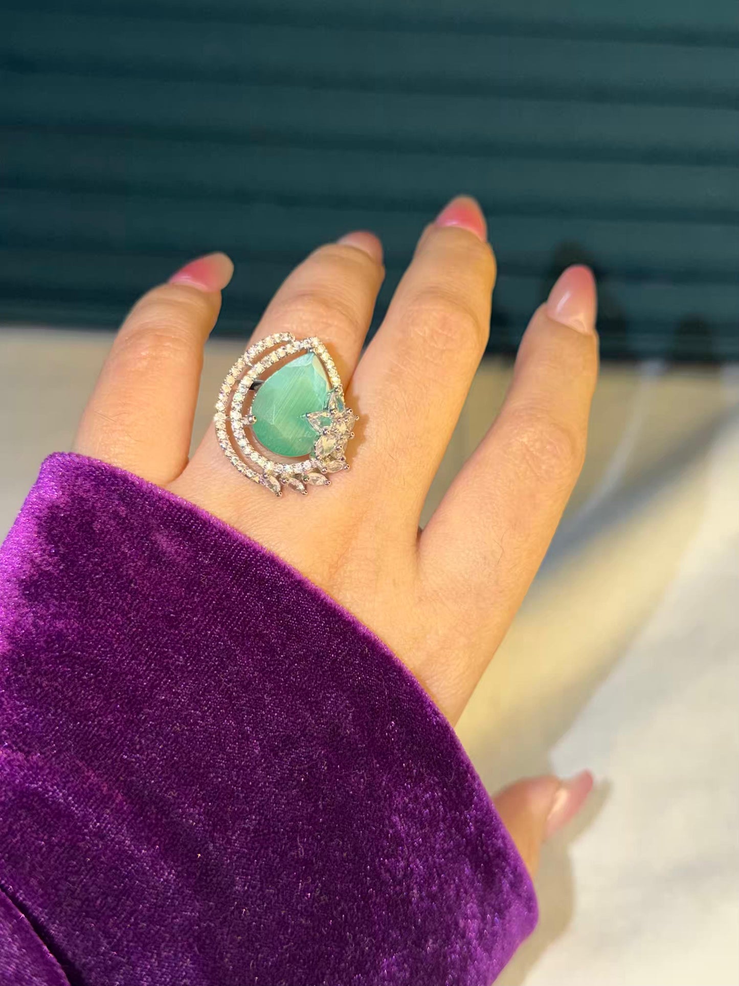 Pastel Green Stone Silver Plated Premium Ring (Adjustable)