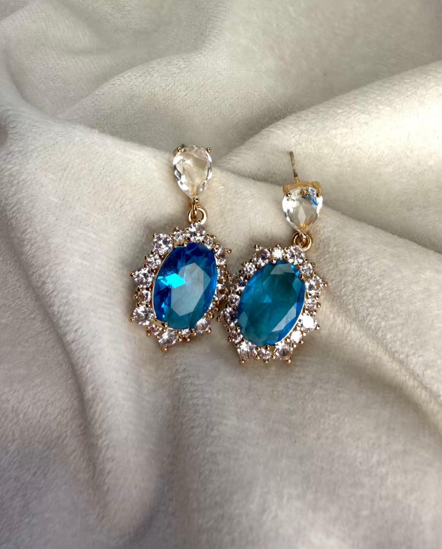 Royal Blue Halo Drop Gold Plated Earrings