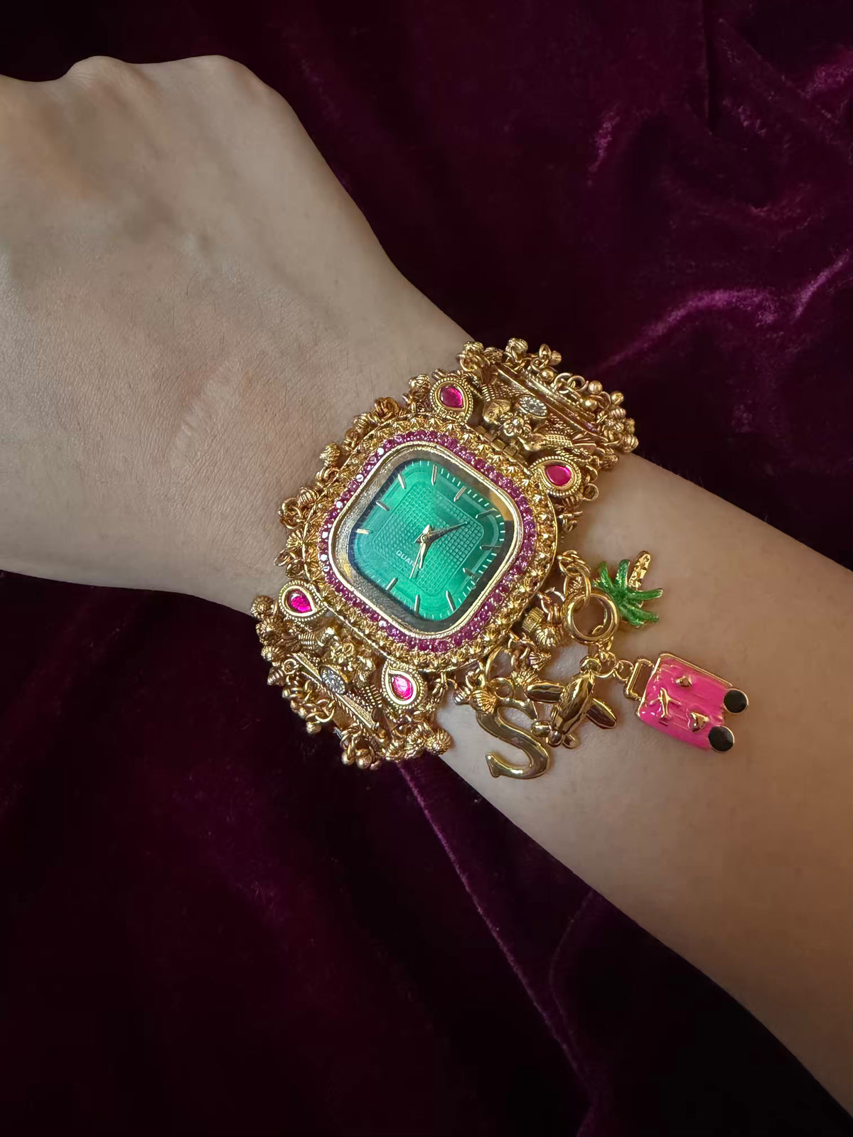 Emerald Royale Pineapple Charm Dial Maharani Watch Bracelet – Gold & Ruby Pink