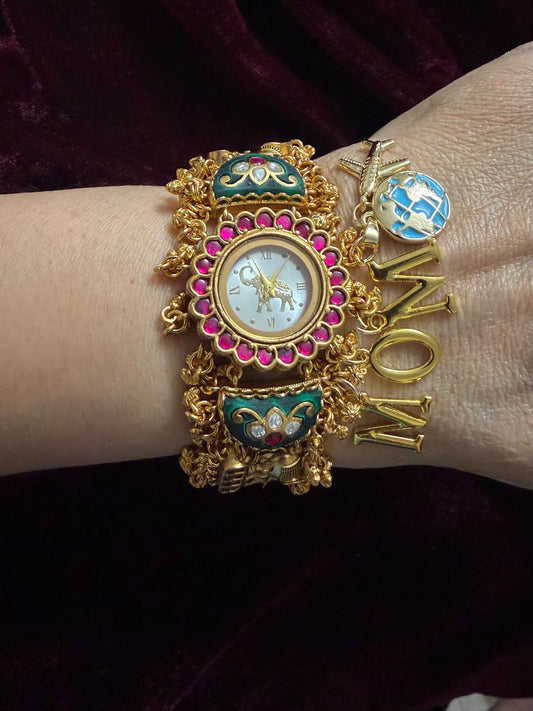 I Love You Mom White Dial Pink Stone Elephant Charm Emerald Green Heritage Maharani Watch Bracelet