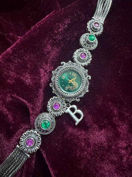 Maharani Green & Pink Elegance Silver-Tone Navratri Oxidised Heritage Watch