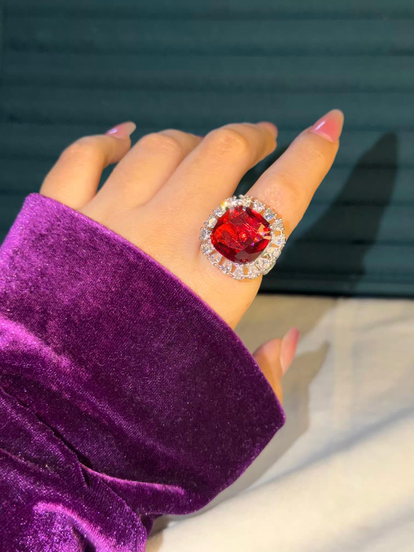 Red Square Statement Silver Plated Premium Ring (Adjustable)