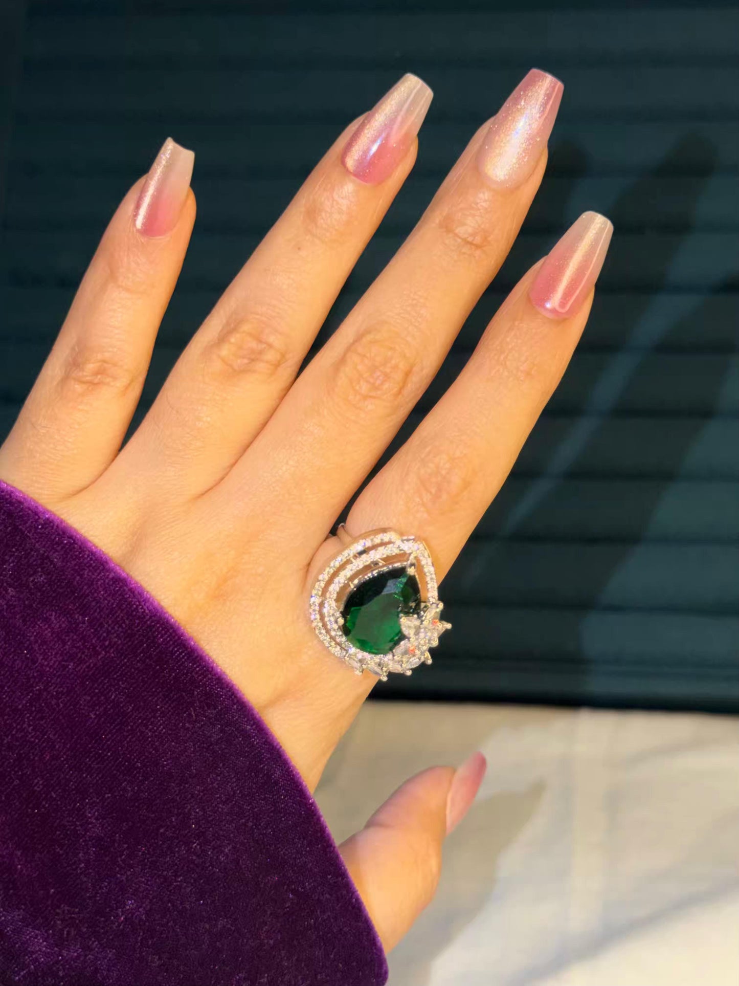 Emerald Green Royale Aura Silver Plated Premium Ring (Adjustable)