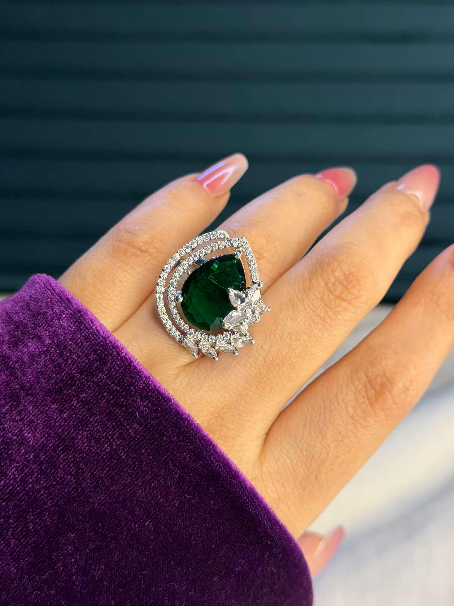 Emerald Green Royale Aura Silver Plated Premium Ring (Adjustable)